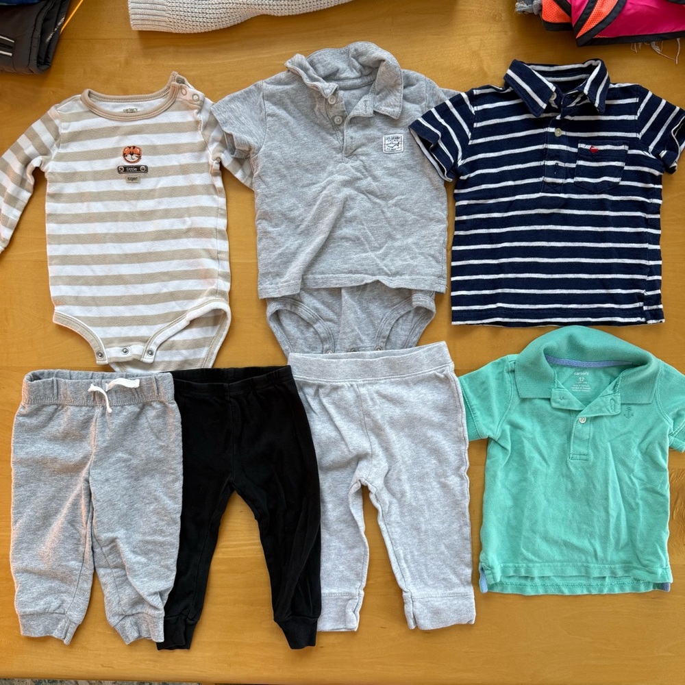 Assorted 12M Baby Clothing Set (2 Shirts, 3 Pants, 2 Onesies)